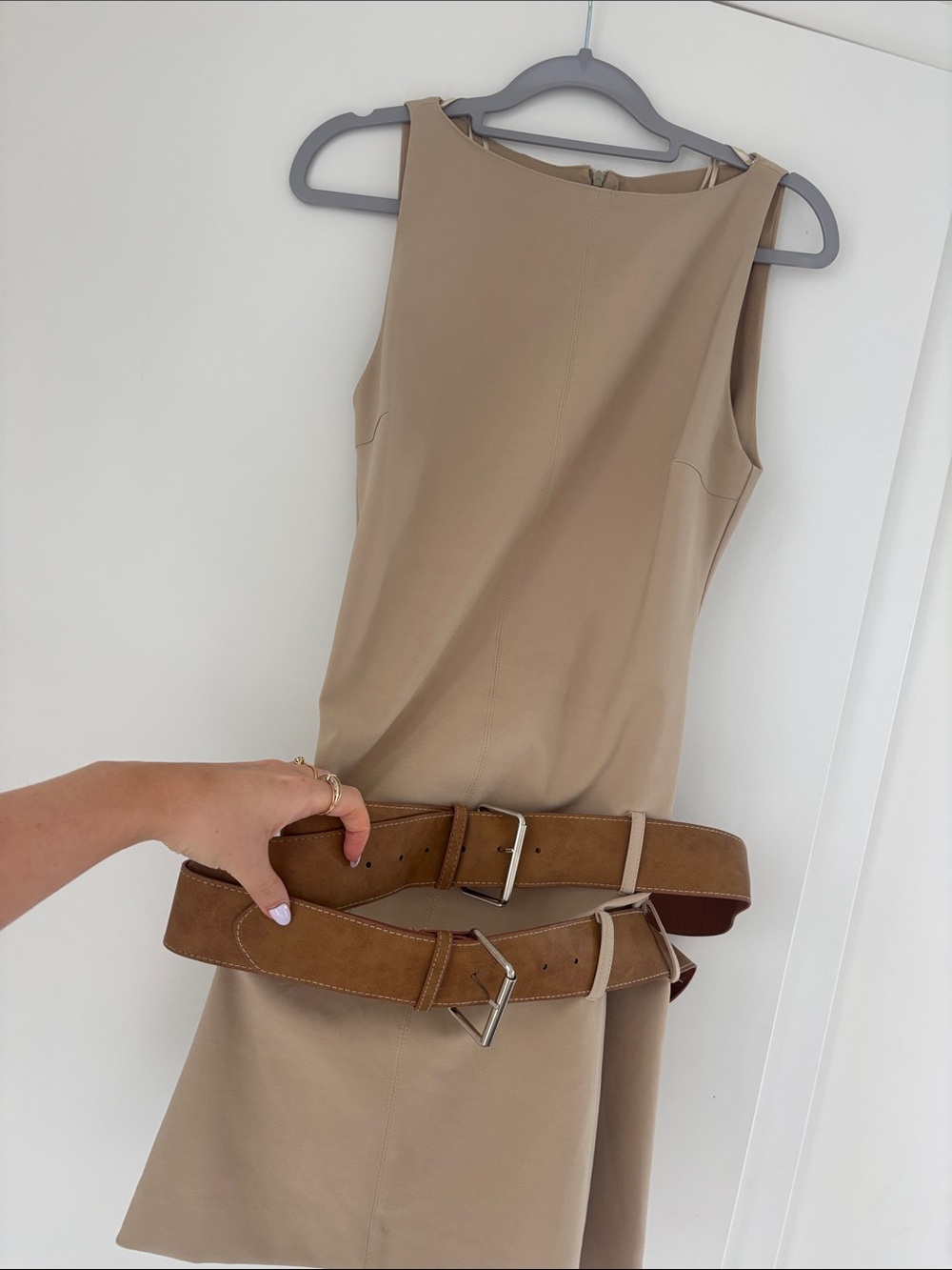 Zara Beige Mini Dress with Brown Suede Belt